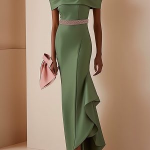 Women's Short Sleeve Summer Color Block Ruched Dress Boat Neck Date Going Out Urban Floor Length A-Line, JustFashionNow Dresses, color:Green|size:3XL,