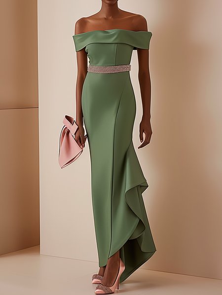 Women's Short Sleeve Summer Color Block Ruched Dress Boat Neck Date Going Out Urban Floor Length A-Line, JustFashionNow Dresses, color:Green|size:3XL,