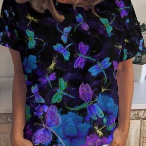 Casual Dragonfly Floral Print Crew Neck T-Shirt, T-shirts, Lilicloth.com