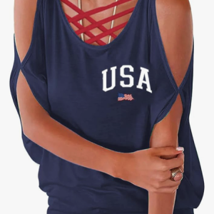 Flag Cotton-Blend Casual Crew Neck Shirt（No suspenders included）, Tank Tops, Lilicloth.com