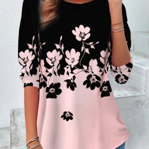 Women's Long Sleeve Tee T-shirt Spring/Fall Floral Printing Jersey Crew Neck Holiday Going Out Vintage Top, JustFashionNow T-Shirts, color:Pink|size:XXL,