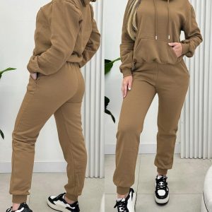 2 Pieces Outfit Kangaroo Pocket Thermal Lined Drawstring Hoodie Sweatshirt and Casual Elastic Waist Cinched Ribbed Cuffs Sporty Sweatpants Set, women Two-piece Sets, ChicMe catalog