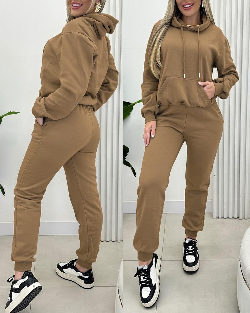 2PCS Kangaroo Pocket Design Lined Hoodie & Cuffed Sweatpants Set, Two-piece Sets, ChicMe catalog