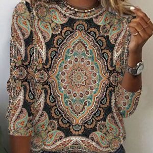 Women's Long Sleeve Tee T-shirt Spring/Fall Ethnic Printing Jersey Crew Neck Holiday Going Out Vintage Top, JustFashionNow T-Shirts, color:Brown|size:XXL,