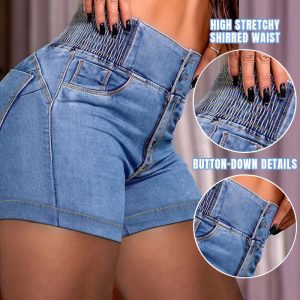 Shirred Buttoned Washed High Waist Denim Shorts, women Denim Shorts, ChicMe catalog