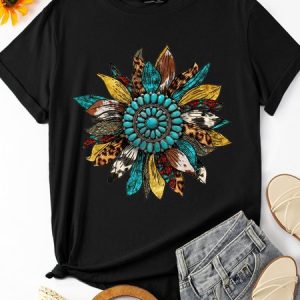 Western Leopard Sunflower Casual Cotton-Blend T-shirt, T-shirts, Lilicloth.com