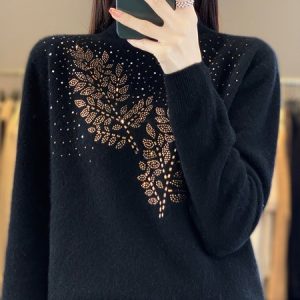 Women Wool/Knitting Plain Long Sleeve Comfy Casual Hot Drilling Sweater, Sweaters, color:Black|size:XXL, catalog Noracora shop