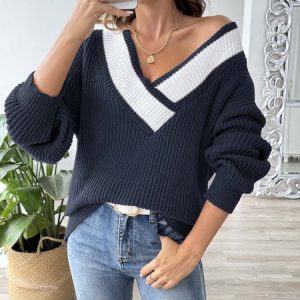 V neck Wool/Knitting Long Sleeve Loose Color Block Casual Sweater, JustFashionNow Sweaters, color:Navy Blue|size:L,