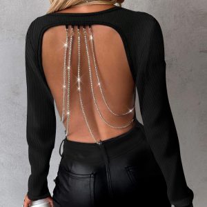 Rhinestone Chain Strap Backless Bodysuit, women Bodysuit, ChicMe catalog