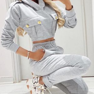 2 Pieces Outfit Button Decor Flap Pockets Design Crop Hoodie Sweatshirt and Stretchy Waist Slim Fit Sweatpants Set, women Two-piece Sets, ChicMe catalog
