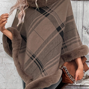 Women's Spring/Fall Outerwear Elegant Fur Collar Plaid Wrap Yarn/Wool Yarn Cape Coat, JustFashionNow Coats, color:Coffee|size:L,