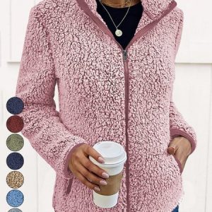 Women's Winter Outerwear Fluff/Granular Fleece Fabric Casual Zipper Plain Long Sleeve Shawl Collar Fleece Coat, JustFashionNow Jackets, color:Pink|size:XXL,