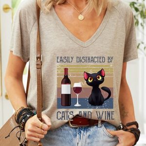 Easily Distracted By Cats And Wine Vintage V-neck Graphic Tee, T-shirts, Lilicloth.com