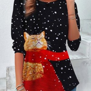 Women's Long Sleeve Tee T-shirt Spring/Fall Cat Printing Jersey Crew Neck Daily Going Out Casual Top, JustFashionNow T-Shirts, color:Black|size:XXL,