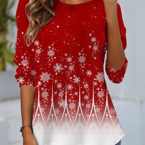 Women's Long Sleeve Tee T-shirt Spring/Fall Snowflake Jersey Crew Neck Daily Going Out Casual Top, JustFashionNow T-Shirts, color:Red|size:XXL,