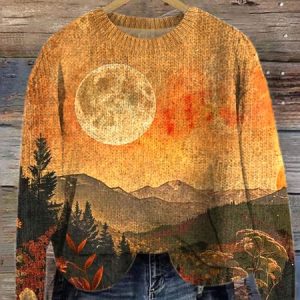 Crew Neck Casual Landscape Painting Loose Sweater, Sweaters, Lilicloth.com