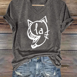 Cat Comma La Simple Loose Text Letters Crew Neck T-Shirt, T-shirts, Lilicloth.com