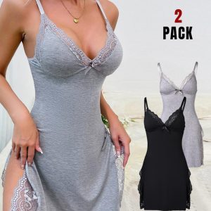 2-Pack Lace Trim Side Slit Bowknot Decor Modal Cami Sleep Dress, Night Dresses, ChicMe catalog