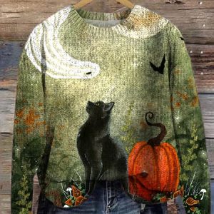 Cat Loose Halloween Knitted Casual Sweater, Sweaters, Lilicloth.com