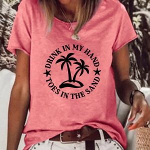 Drink In My Hand Toes In The Sand Basics Casual Short Sleeve T-Shirt, T-shirts, Lilicloth.com