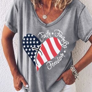 American Flag Print Faith Family Letter Casual V Neck Letters T-Shirt, T-shirts, Lilicloth.com