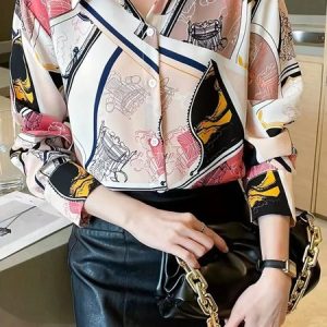 Women's Long Sleeve Shirt Spring/Fall Geometric Shirt Collar Daily Going Out Urban Top, JustFashionNow Shirts & Blouses, color:Red|size:3XL,