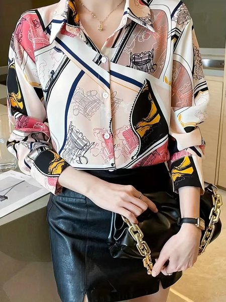 Women's Long Sleeve Shirt Spring/Fall Geometric Shirt Collar Daily Going Out Urban Top, JustFashionNow Shirts & Blouses, color:Red|size:3XL,