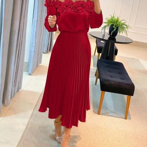 Off Shoulder Frill Hem Pleated Midi Dress, Midi Dresses, ChicMe catalog