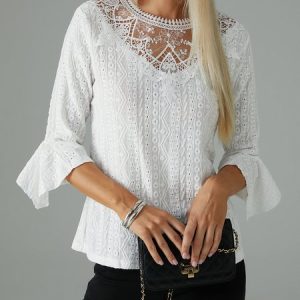 Crew Neck Lace Casual Blouse, JustFashionNow Blouses, color:Black|size:XXL,