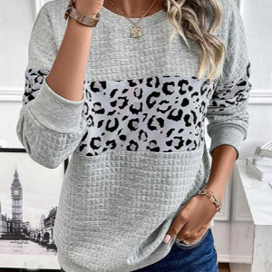 Women's Crew Neck Leopard Split Joint Casual Spring/Fall Long Sleeve Sweatshirt, JustFashionNow Sweatshirts & Hoodies, color:Light Gray|size:XXL,