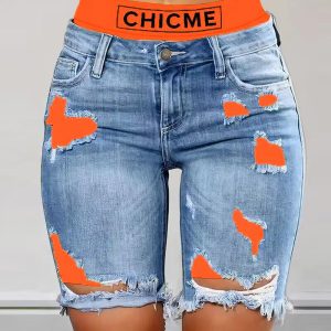 2-In-1 Denim Shorts Colorblock Print Ripped Shorts Workout Running Shorts, women Denim Shorts, ChicMe catalog