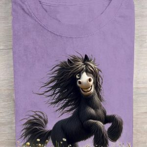 Cotton Casual Horse Crew Neck T-Shirt, T-shirts, Lilicloth.com