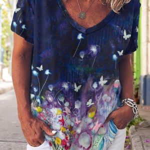 Butterfly Floral Print V-Neck Short Sleeve T-Shirt, T-shirts, Lilicloth.com