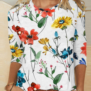 Women's Long Sleeve Tee T-shirt Spring/Fall Floral Printing Knitted Crew Neck Daily Going Out Casual Top, JustFashionNow Tops, color:White|size:4XL,