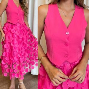 Buttoned Vest Top & Floral Pattern Sheer Mesh Patch Skirt Set, women Two-piece Sets, ChicMe catalog