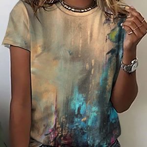 Women’s Abstract Art Texture Painting Casual Cotton-Blend Loose Crew Neck T-Shirt, T-shirts, Lilicloth.com