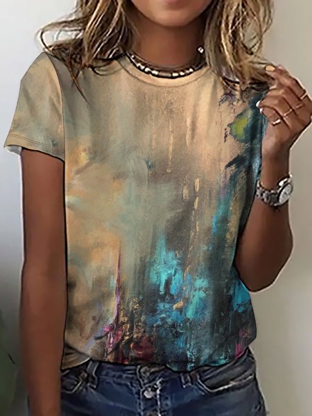 Women’s Abstract Art Texture Painting Casual Cotton-Blend Loose Crew Neck T-Shirt, T-shirts, Lilicloth.com