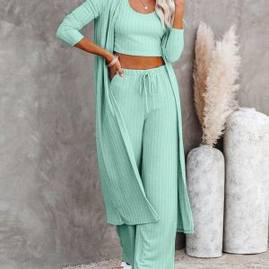 Crop Ribbed Tank Top & Drawstring Pants Set With Longline Coat, Two-piece Sets, ChicMe catalog