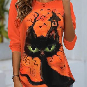 Women's Long Sleeve Tee T-shirt Spring/Fall Cat Jersey Crew Neck Daily Going Out Casual Top, JustFashionNow T-Shirts, color:Orange Red|size:XXL,