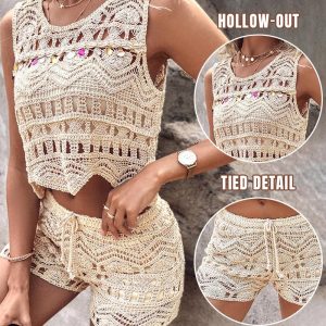 Crochet Lace Sleeveless Crop Knit Top & Shorts Set, Two-piece Sets, ChicMe catalog