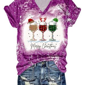 Womens Merry Christmas Red Wine Glass Bleach Print V Neck Cotton-Blend Loose T-Shirt, T-shirts, Lilicloth.com