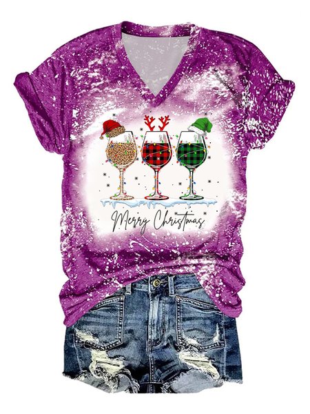 Womens Merry Christmas Red Wine Glass Bleach Print V Neck Cotton-Blend Loose T-Shirt, T-shirts, Lilicloth.com