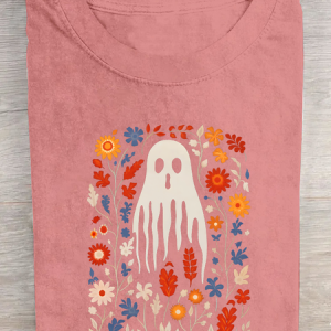 Cute Ghost Retro Floral Cotton T-Shirt, T-shirts, Lilicloth.com