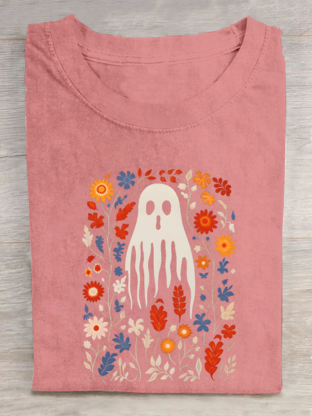 Cute Ghost Retro Floral Cotton T-Shirt, T-shirts, Lilicloth.com