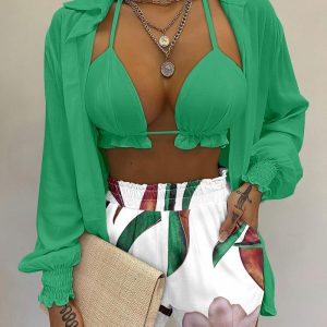 Lantern Sleeve Shirt & Plants Print Pocket Design Shorts Sets With Frill Hem Crop Top, Two-piece Sets, ChicMe catalog