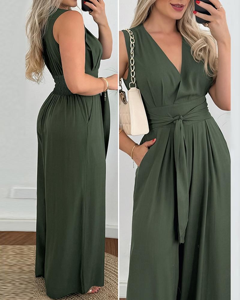 Tied Detail Pocket Design Wide Leg Jumpsuit, Jumpsuits, ChicMe catalog