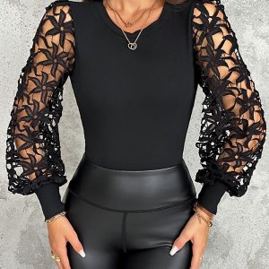 Floral Pattern Hollow-out Top Crewneck Lace Long Sleeve Pullover Blouse, women T-shirt & Tees, ChicMe catalog