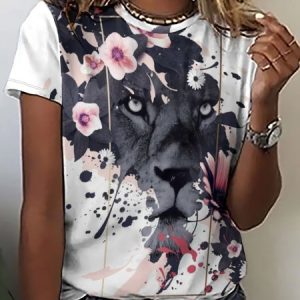 Casual Abstract Lion Floral Print Crew Neck Short Sleeve T-Shirt, T-shirts, Lilicloth.com