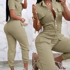 Short Sleeve Pocket Design Cuffed Cargo Jumpsuit, women Jumpsuits, ChicMe catalog