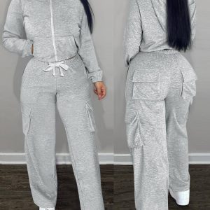 Long Sleeve Crop Hooded Sweatshirt & Pocket Design Sweatpants Set, Two-piece Sets, ChicMe catalog